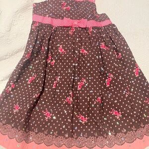 Blueberi Boulevard Girls Sz 5 Brown Dress with Pink Polka Dots and Floral Accent